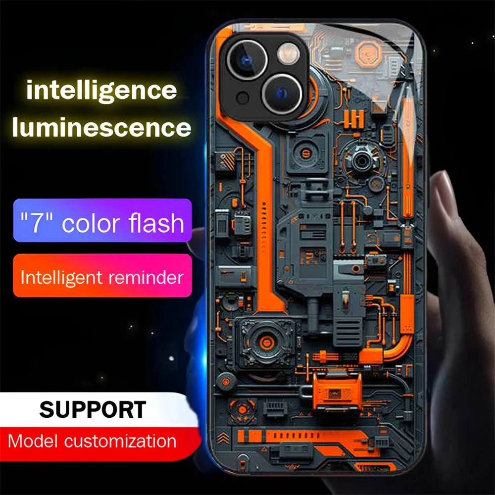 Orange PCB Circuit Design Led Light Phone Case Call Flash Glitter Cover For iPhone Air 17 16 15 14 13 12 11 Pro Max Plus