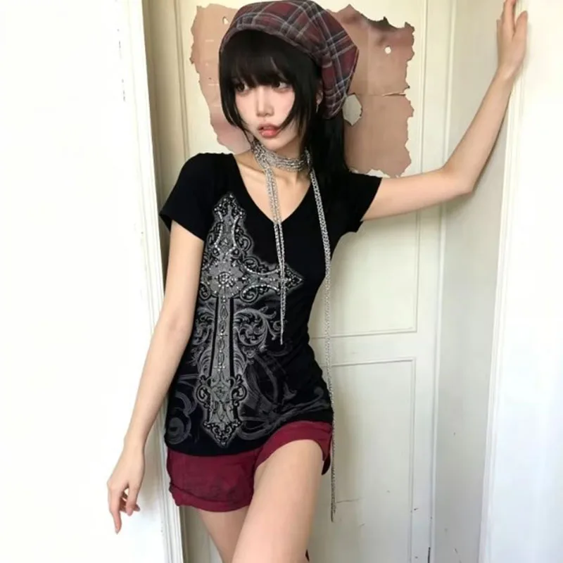 Spring And Summer Black Retro Literary Shirt Sweet Cool Spice Girl T-shirt Gothic Street Personality Fried Street Women's Dress