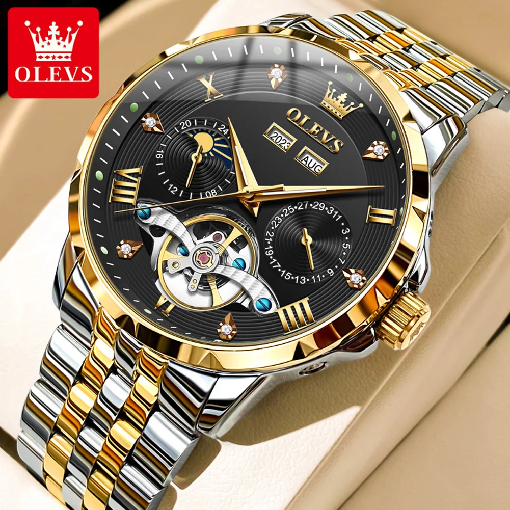 

OLEVS New Original Luxury Watch for Men Skeleton Hollow Out Flywheel Automatic Mechanical Wristwatch Moon Phase Waterproof Watch