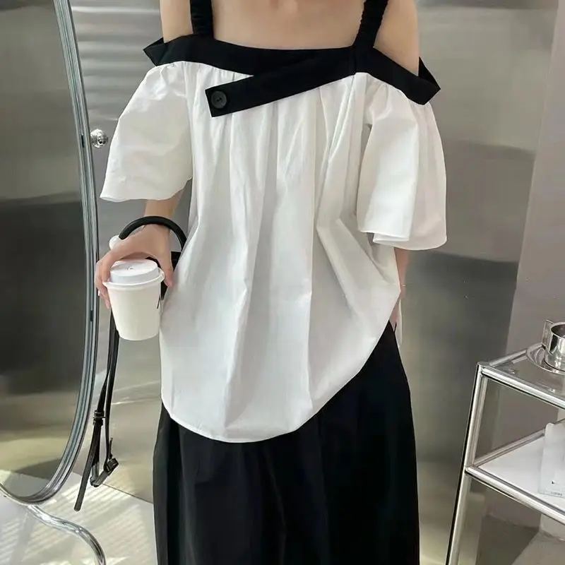 Spaghetti Strap Blouses Women Loose Sweet Girl Korean Style Ins Off Shoulder Young Fashion Simple All-match Irregular Tender New