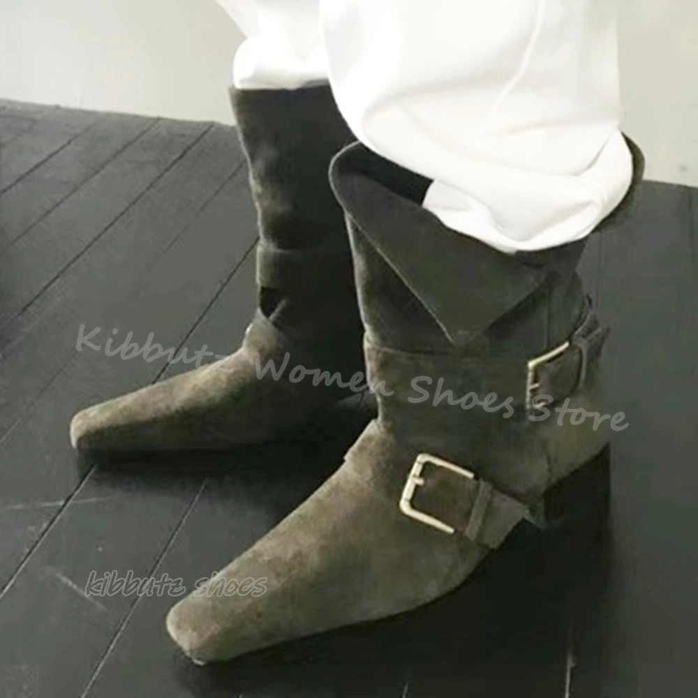 Suede Belt Buckle Ankle Boots Pleated Vintage Cowboy Solid Color Slip-On Fashion Elegant Concise Winter Party Women Shoes Newest