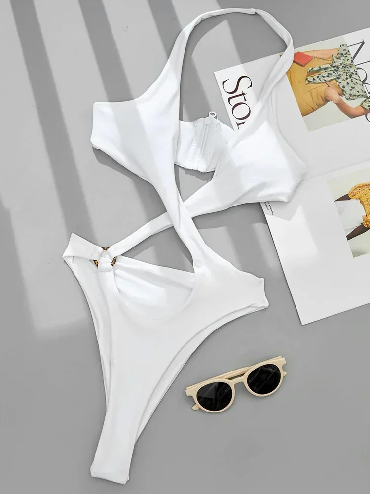 Maillot de bain une pièce, sexy, échancré, col licou, bandage croisé, monokini, pour femmes, vêtements de plage, 2024