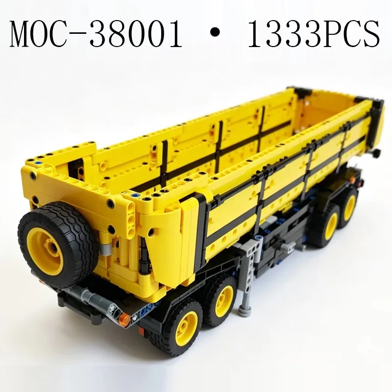 MOC-38001 1333PCS Tilting Tipper Trailer Technical Building Blocks Yellow Engineering Truck Bricks DIY Model Gift For Adults