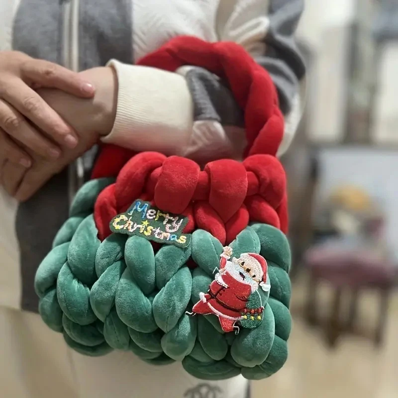 2023 DIY Christmas Bag Handmade Woven Velvet Fabric Strip Line Gift Bag Fashion Cute Christmas Handbag Gift Bag Xmas Decoration