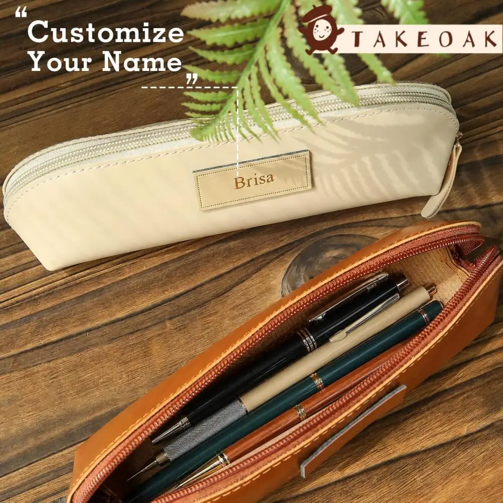 Custom Embossed Name Leather Tag PU Pencil Case Dual Use Makeup Brush Storage Bag Zipper Stationery Pen Pouch Portable Mini Bag