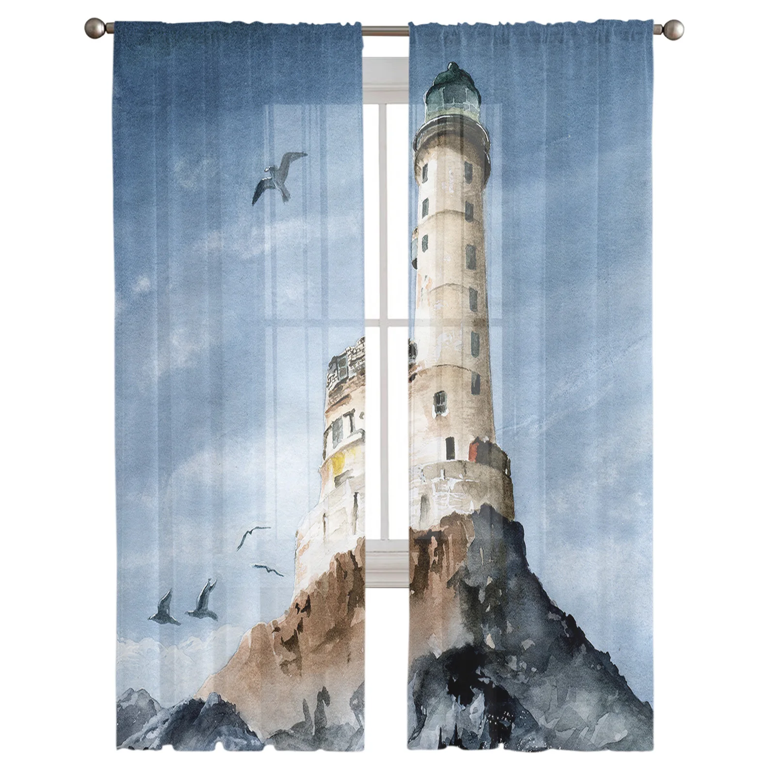 Lighthouse Island Seabird Retro Watercolor Tulle Sheer Window Curtains for Living Room Kitchen Bedroom Voile Hanging Curtain