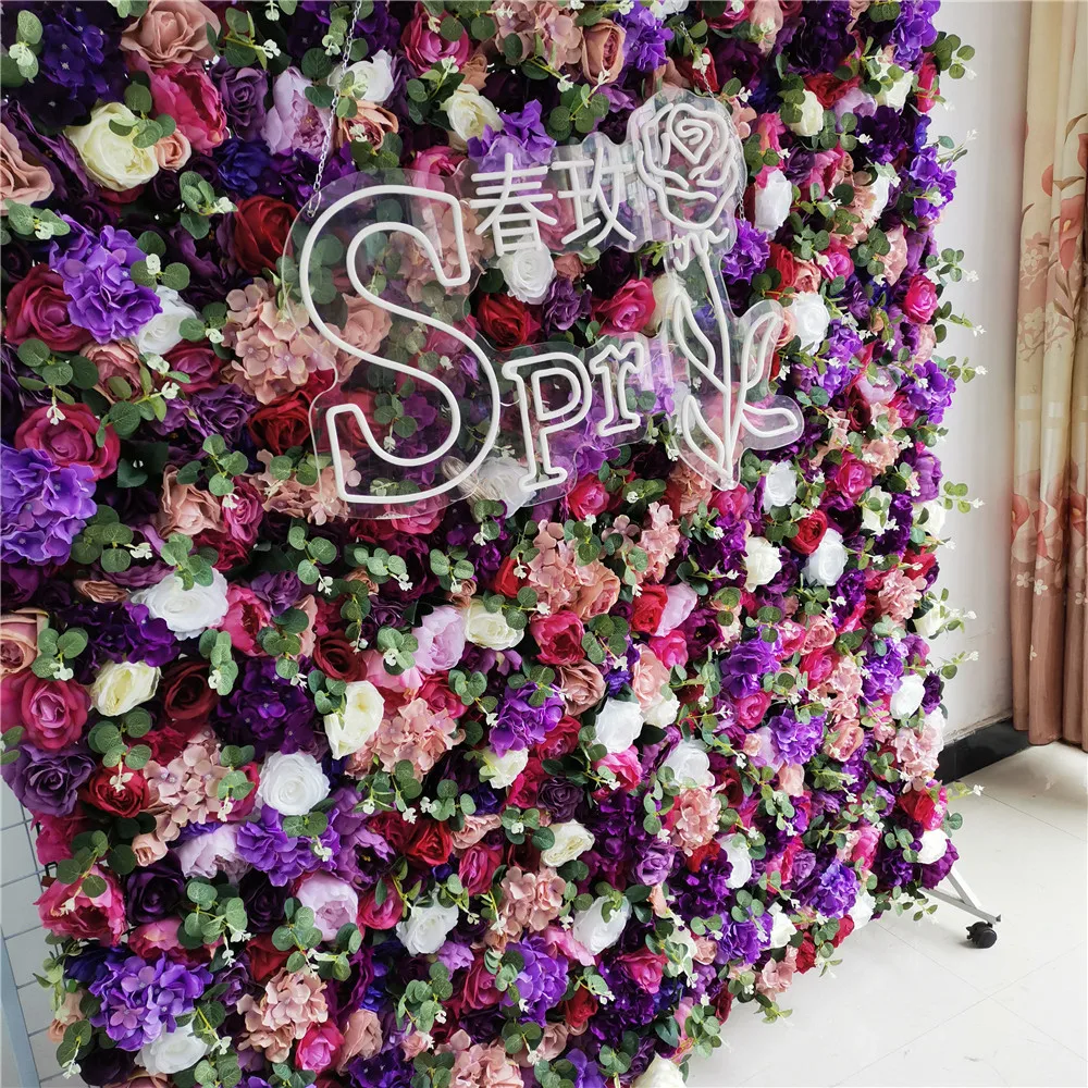 

SPR Customized Backdrop For Wedding Decor Plastic Panel Pink purple Rose Wisteria Silk Artificial Roll Up Wall Flower