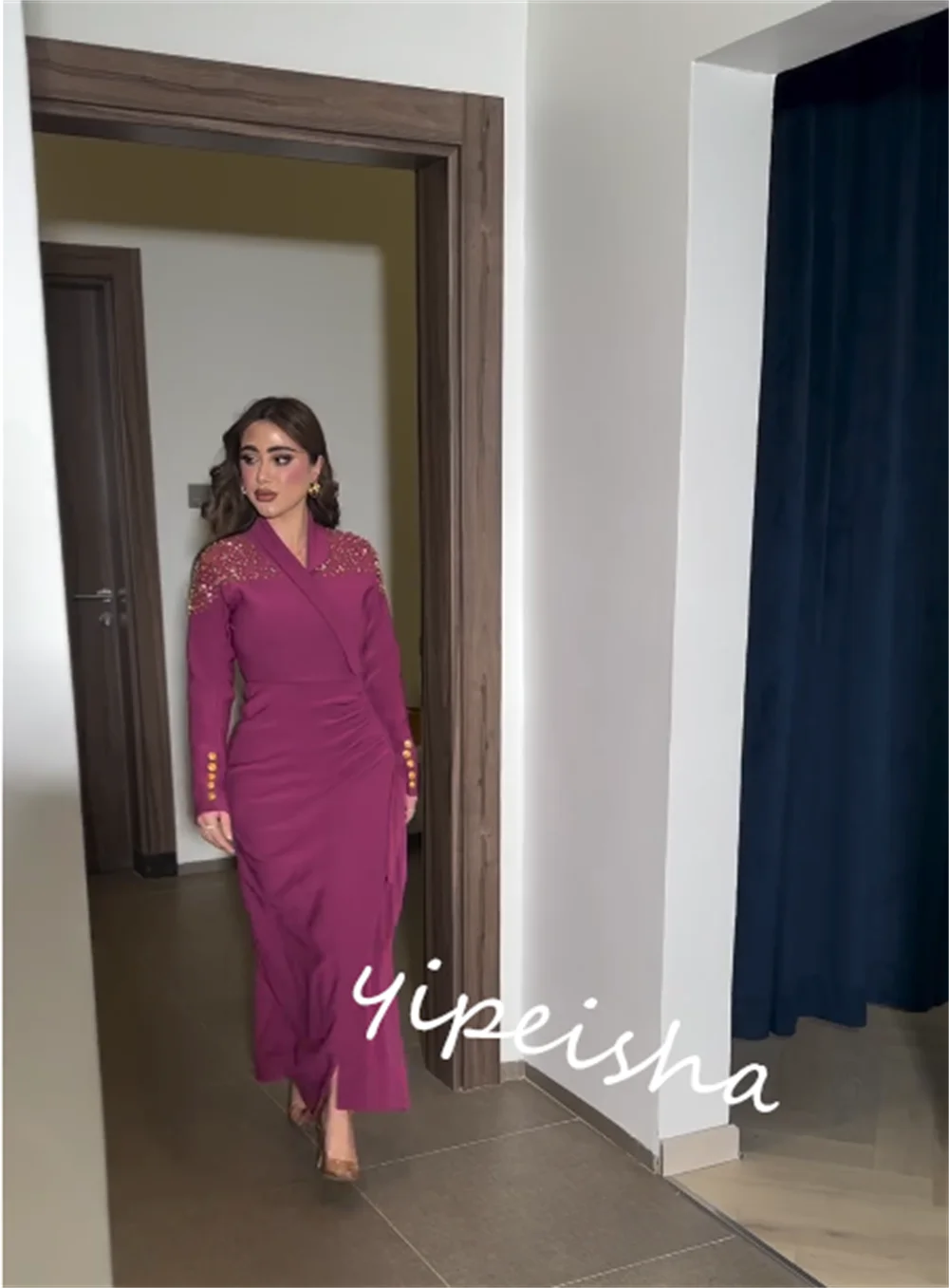 Vestido de noche para graduación, Jersey de Arabia Saudita con botones y cuentas, vestido Midi Formal con cuello en V, a medida