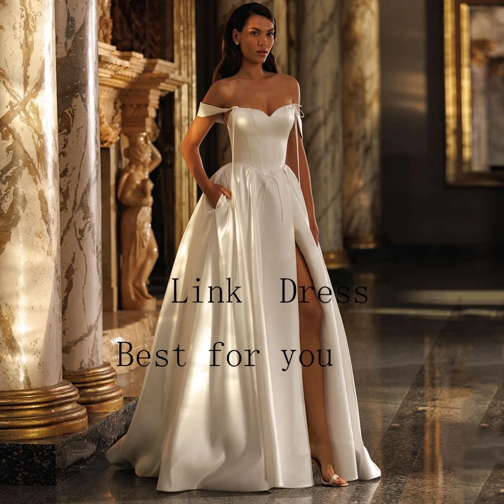 Elegant Side Slit Wedding Dresses for Ladies Elegant Strapless Bridal Gowns with Saitn Exquisite Off Shoulder Vestidos De Novia