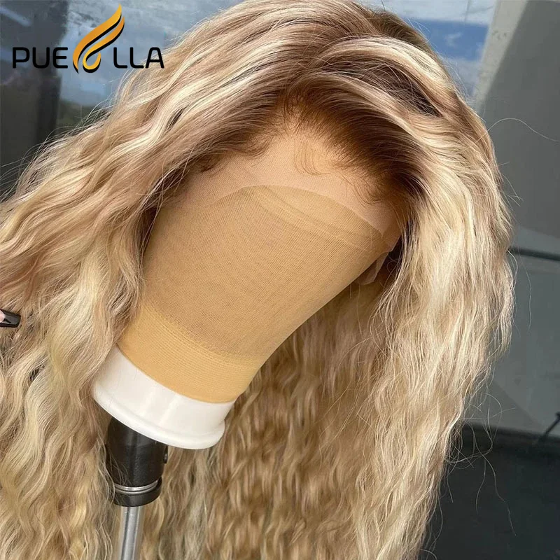 Peluca de cabello humano con encaje Frontal T4, pelo brasileño con ondas al agua, color rubio dorado transparente, cierre 4x4, 13x4, 613