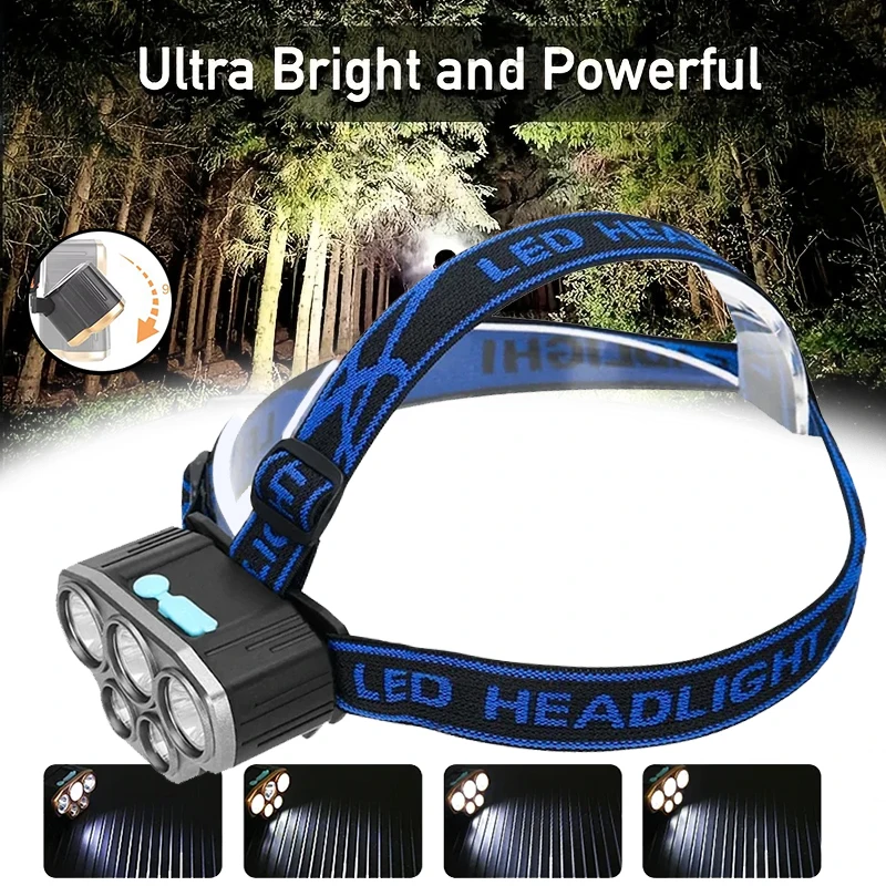 Ultra Bright 5 LED Headlight Rechargeable Headl Flashlight Head Torch for Outdoor Waterproof Camping Running Lighting Spotlight