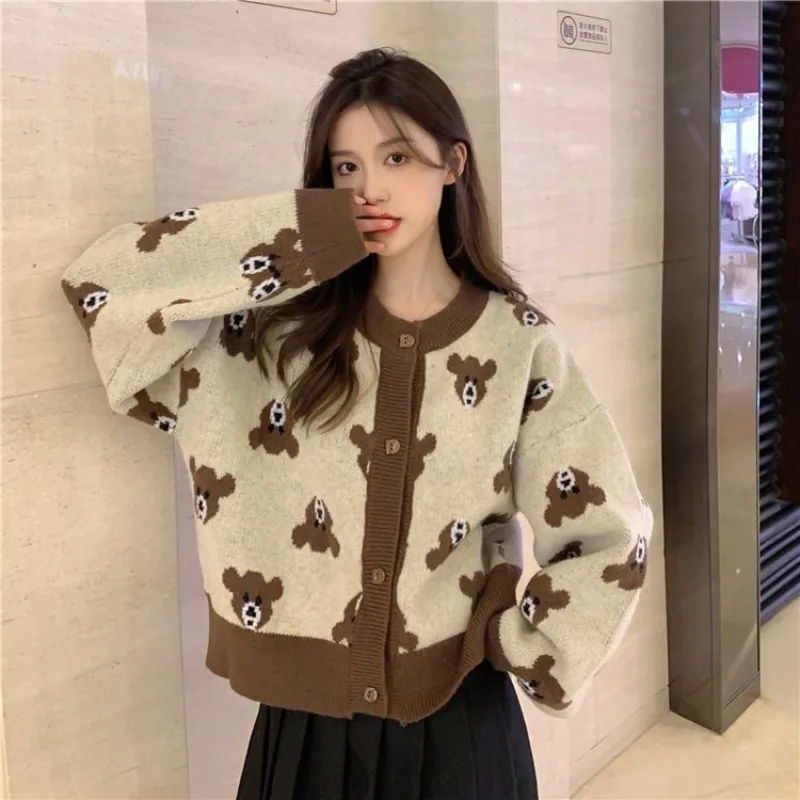 Knitting Cardigan Little Bear Coat Women Autumn Winter Loose Trend O-neck Long Sleeve Sweater Sweet All-match Cute Knitwear Tops