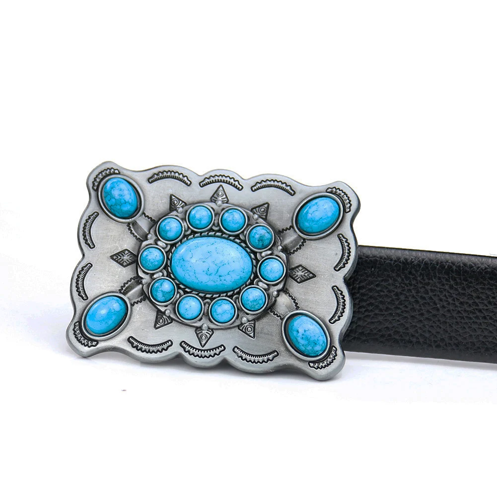 Retro Blue Gemstone Beads Waist Belt Buckle Turquoise Inlaid Decorative Metal Fastener Western Alloy Strap Craft Jeans Accessory
