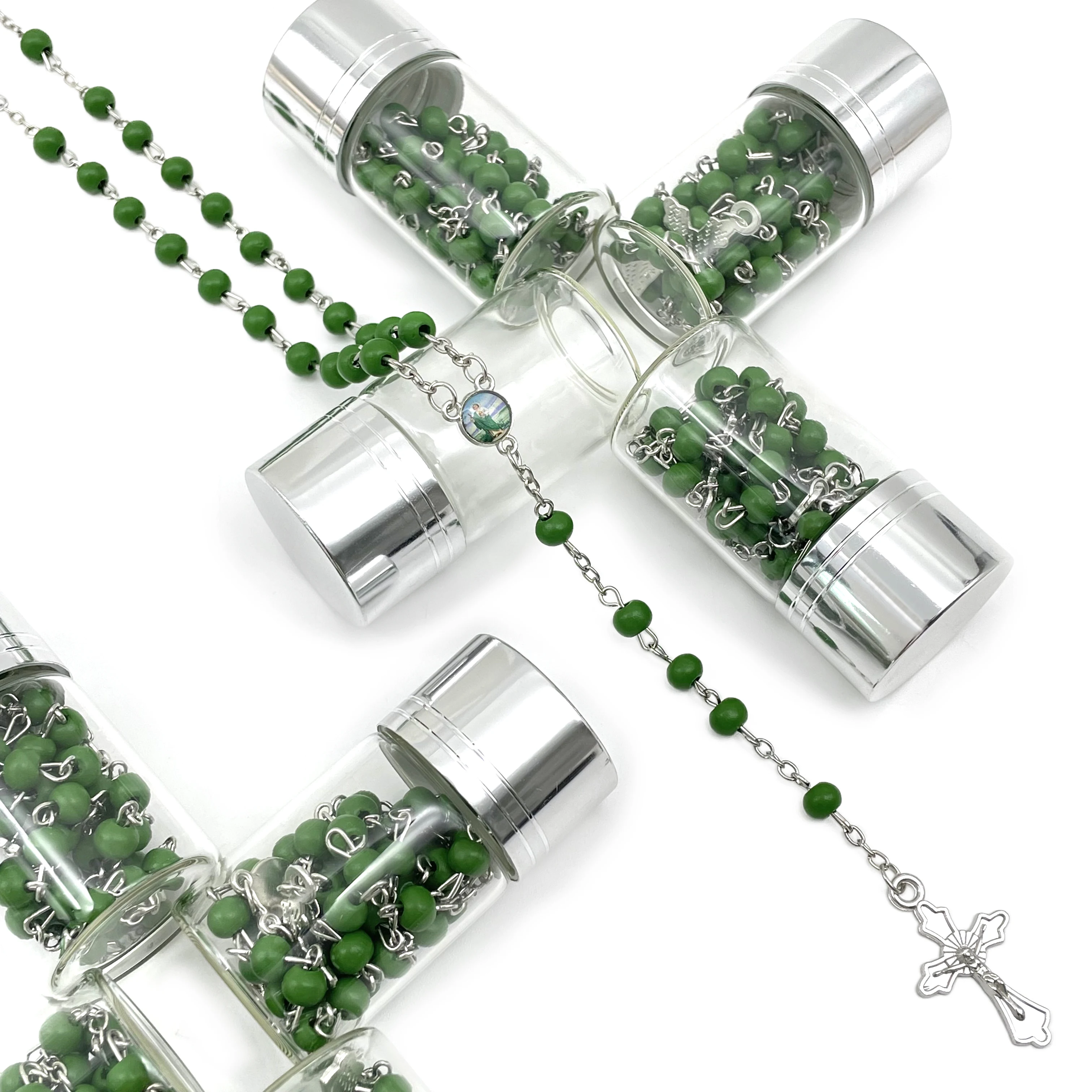 12 Pcs Wooden Rosary with St. Jude in Glass Bottle Baptism & Communion Favors