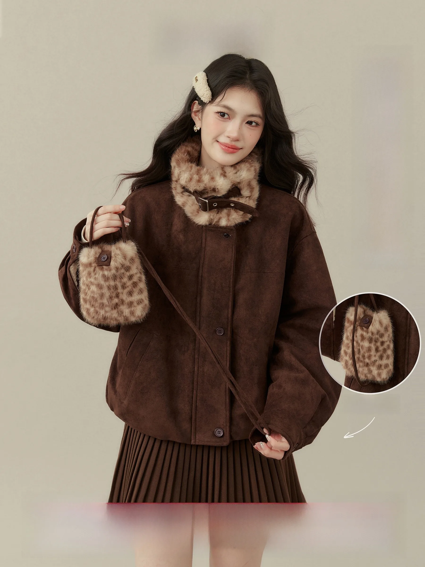 

Женская свободная зимняя куртка на молнии из кожи и бархата с кофейным принтом в стиле Ou Yang Xi, американский стиль, модная женская одежда