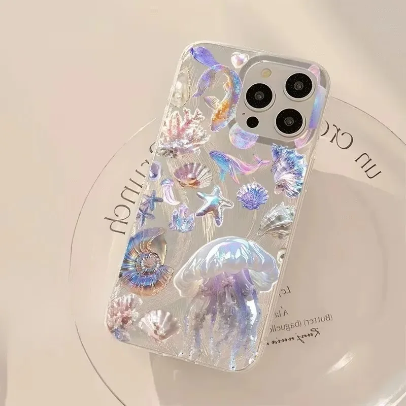 For Xiaomi Redmi Note 14 Pro Plus 5G 13 12 11 Case Marine Life Pattern Feather Yarn Anti-Fall Cover For Redmi 13 14C 13C Fundas