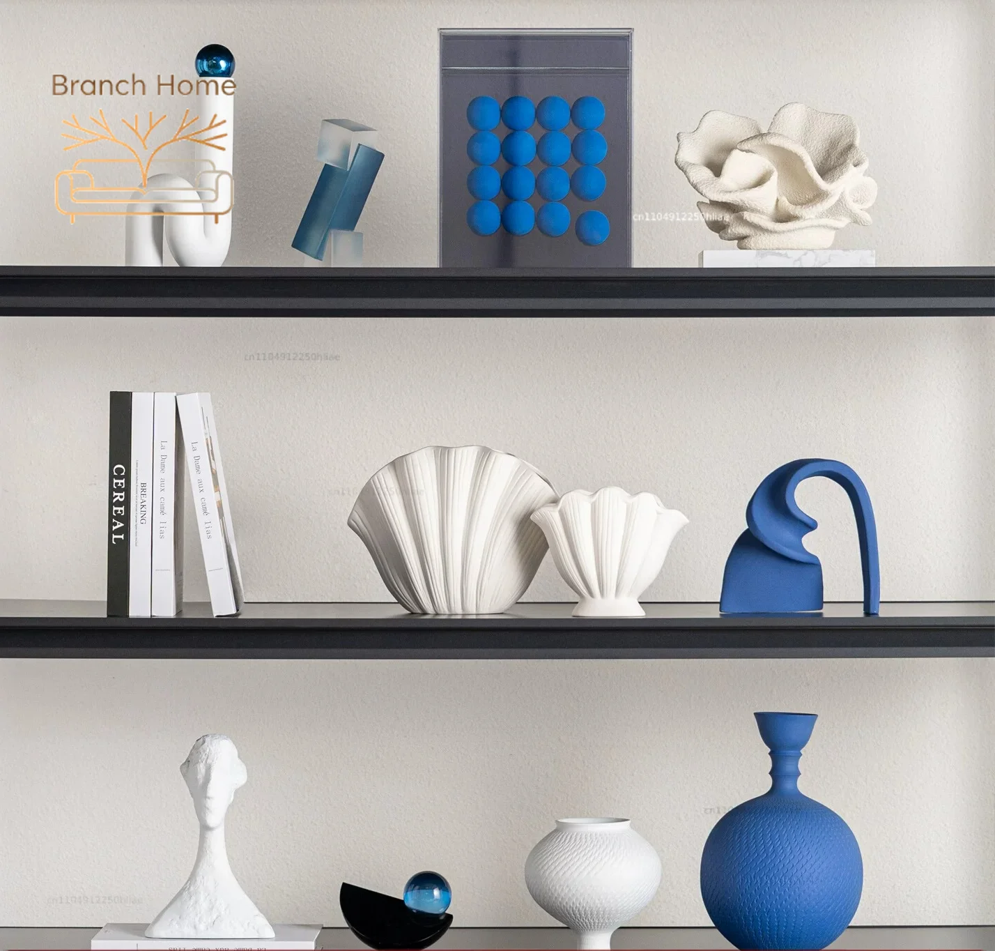 Modern simple living room TV cabinet, niche wine cabinet, blue and white series high-end sofa background wall ornament