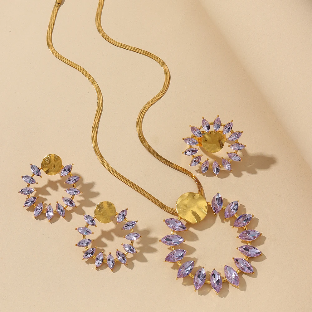 2024 New Stainless Steel 18 K Gold Plated Exaggerated large pendant necklace + earrings + ring jewelry set for Women   Jewelry