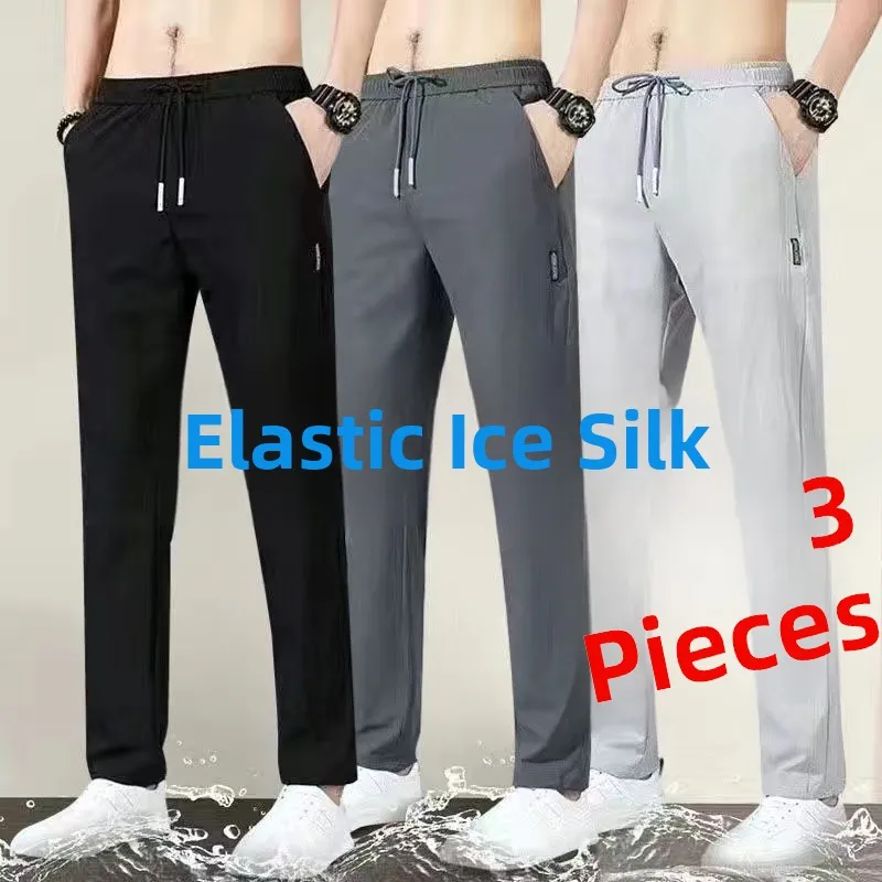 

Ultra-Thin Ice Silk Men's Loose Straight Leg Casual Pants Qui-Drng Elastic Waist Summer Faionable Long Trousers