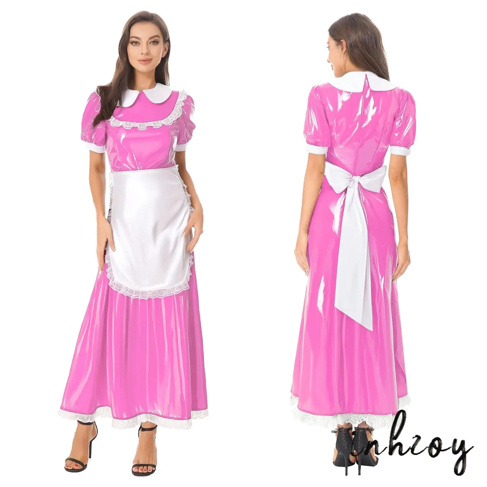 

French Womens Apron Satin Lapel Collar Maid Cosplay Dress Lace Trim Short Sleeve Wet Look PU Maxi Dress for Halloween Party