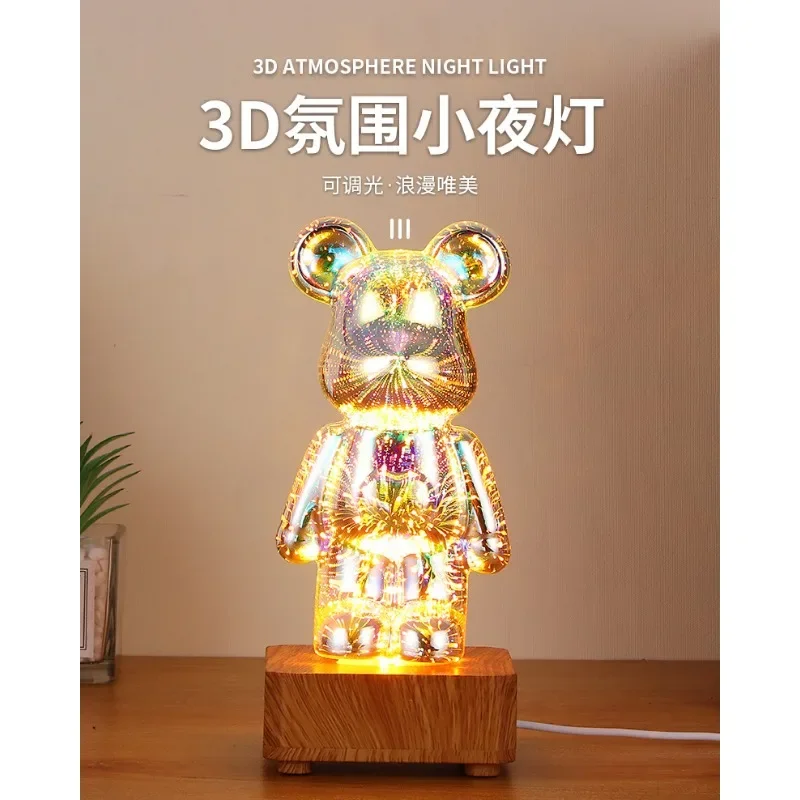 New 3D fireworks bear night light creative colorful dimming home 3D bear Internet celebrity night light 3D glass bear