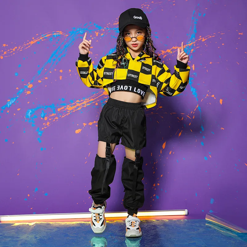 Dance Costume Clothes Wear Dance Outfit Hiphop Kids Hip Hop Clothing Yellow Black Hoodie Top Hollow Pants For Girl Jazz Ballroom