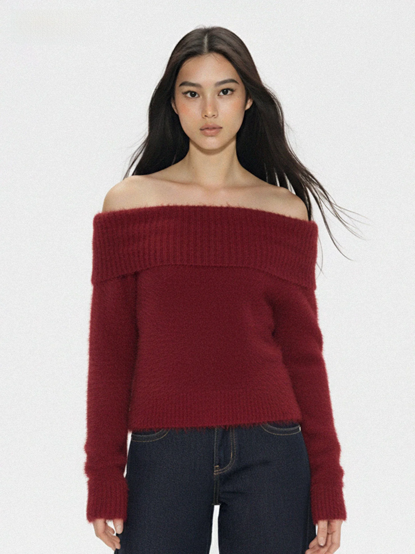 

WAEW Red One-oulder Soft Knitted Sweater Aosphere Sensation Exposure oulder Sweater Comfortable Cozy Nylon Fiber Long S...