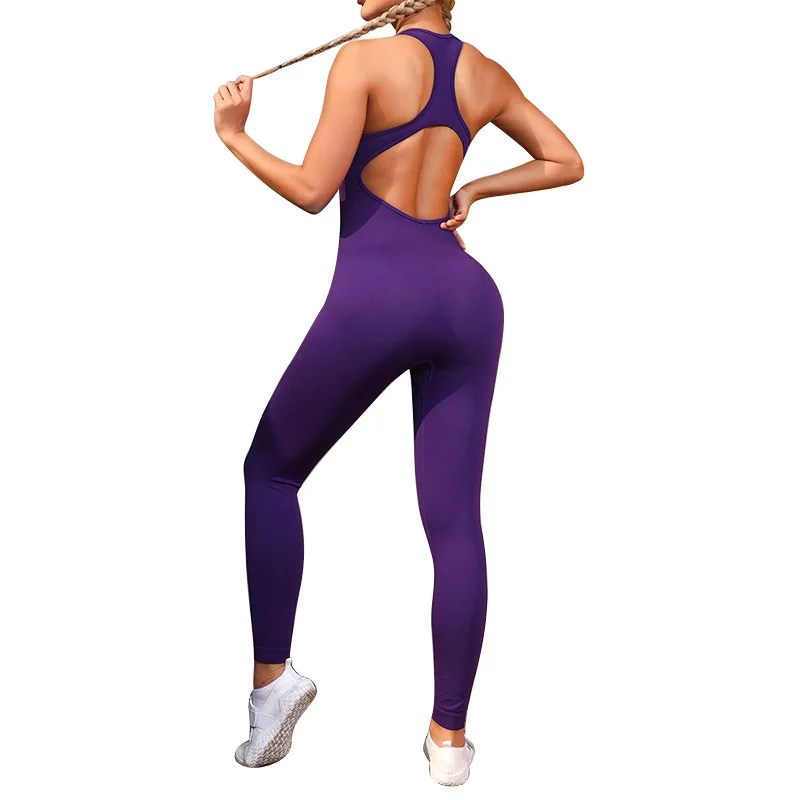 Solid Color Seamless Women Long Sleeve Bodysuit Gym Jumpsuit Tight Athletic Fitness Yoga Set Sexy Backless Square Collar Wicking