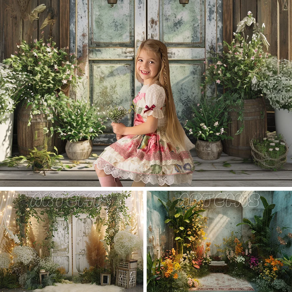 

Spring Photography Backdrop Pastoral Charm Plants Flower Wooden Door Beige Decor Baby Birthday Portrait Background Photo Studio