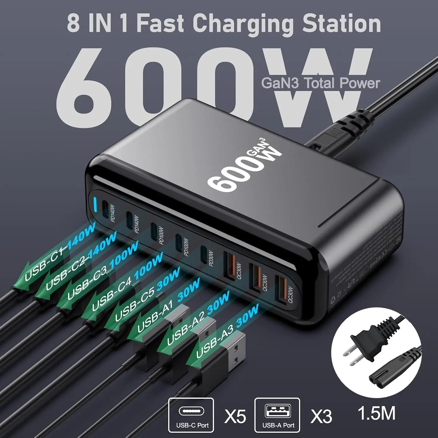 600W GaN Multi Port USB-C Charging Station 140W PD PPS Single Port Fast Charger For MacBook iPhone 17 Pixel Laptop Android