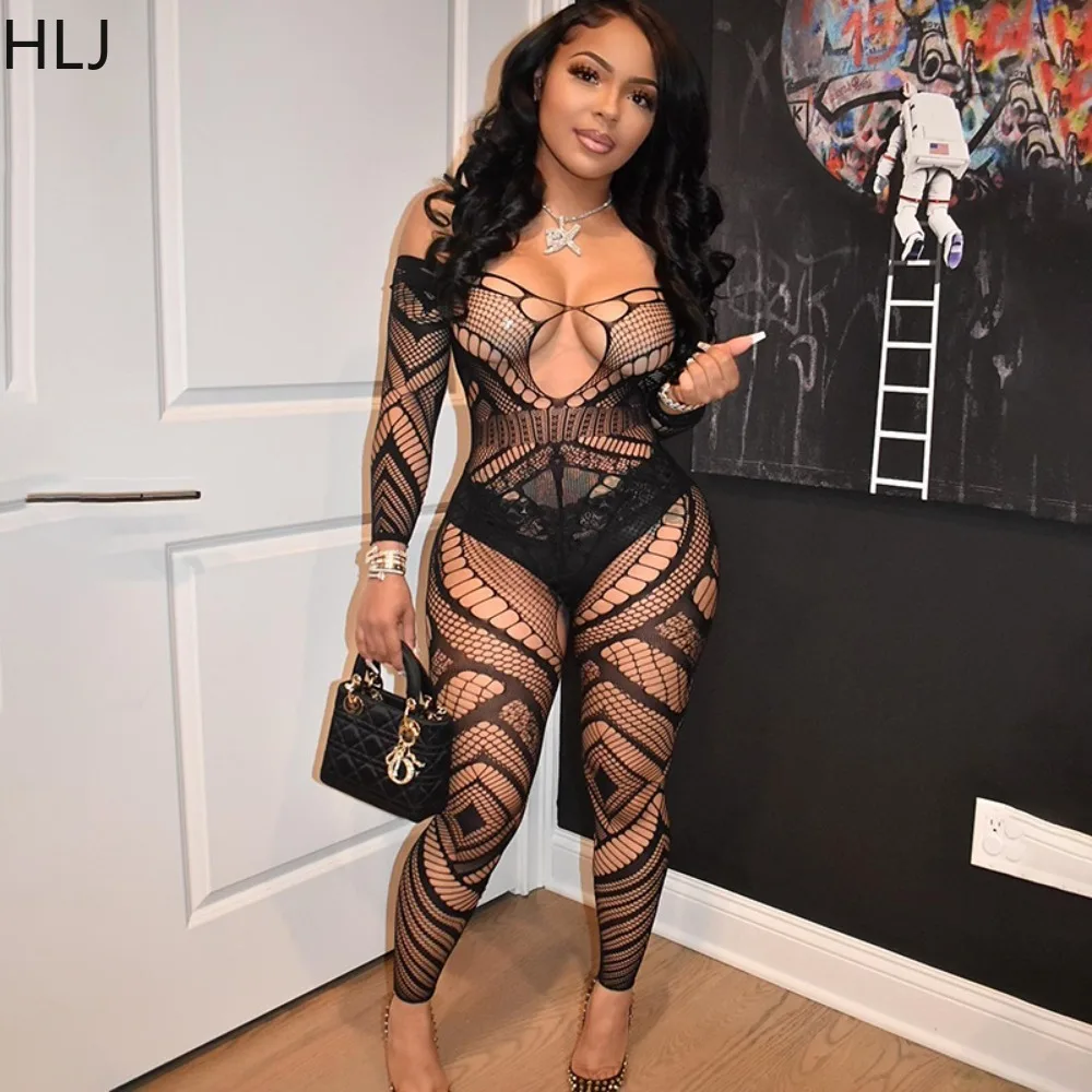 HLJ Black Sexy Mesh Hollow Bodycon Nightclub Jumpsuits Women Off Shoulder Long Sleeve Slim Playsuits Female Perspective Overalls