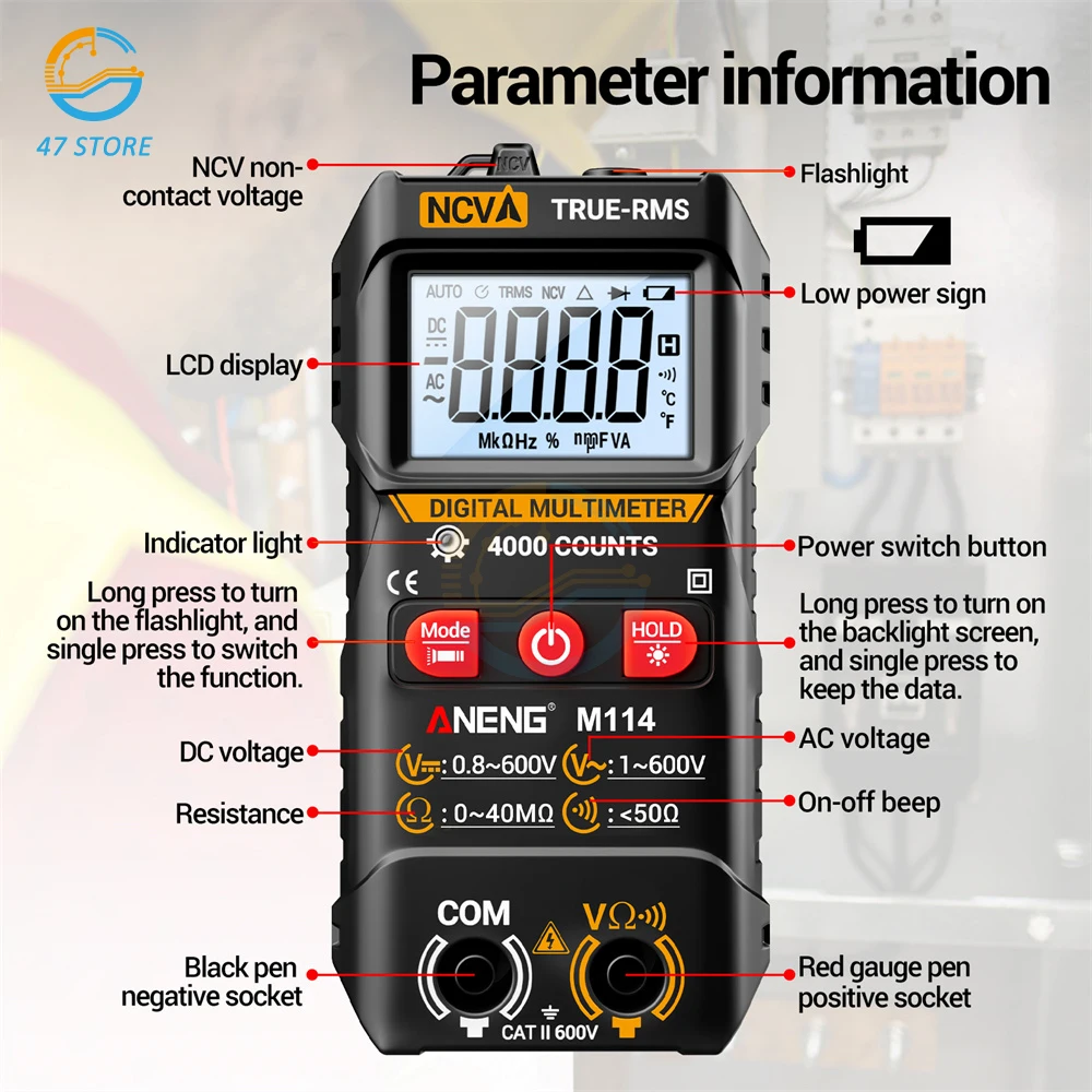 M114 M115 Digital Mini Multimeter Profesional 4000 Counts AC/DC Electrical Instruments Tester Auto Range Meter Multimetro Tool