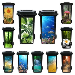 Natural Landscape Flowers Trash Can Poster Waterproof Marine Life Fish Mural Outdoor Wheeled Garbage Bin Sticker Decals