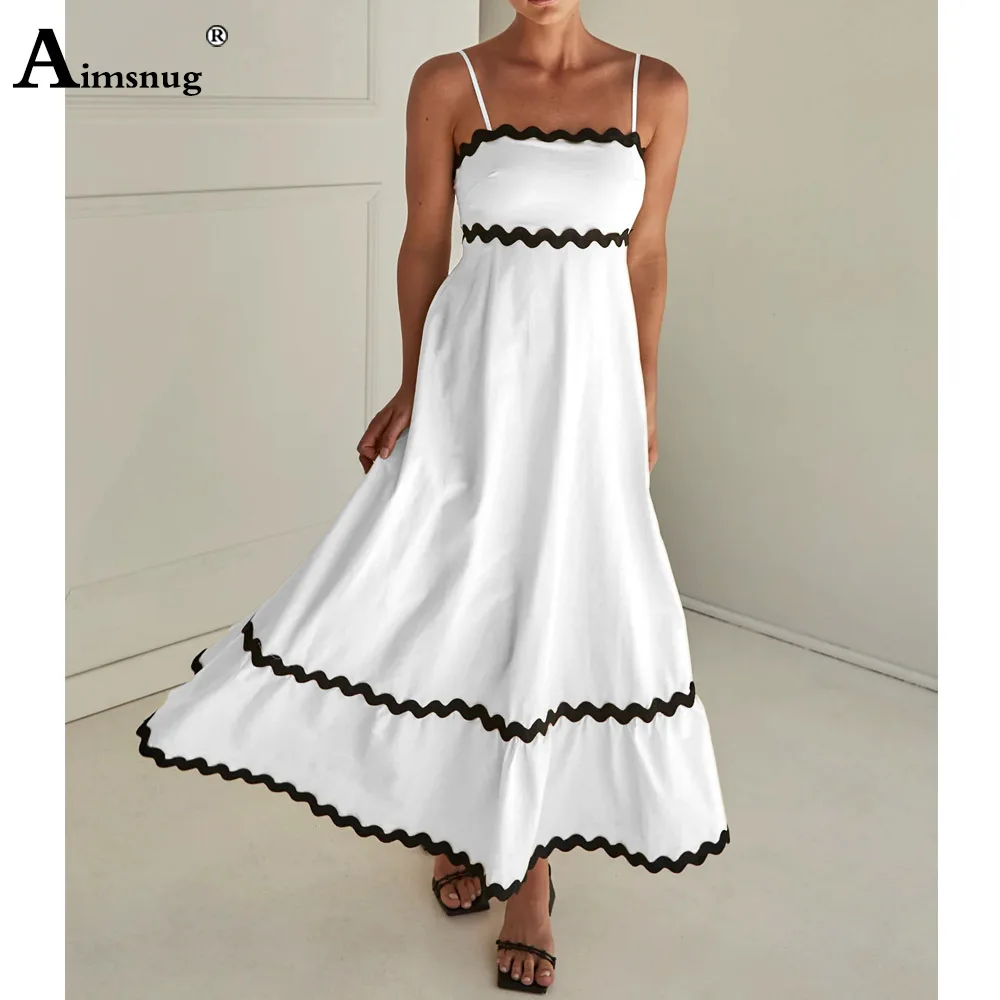 Women Elegant Formal A-line Party Evening Dress 2024 European Style Patchwork Dresses Ladies Spaghetti Strap Mid-Calf Dress New