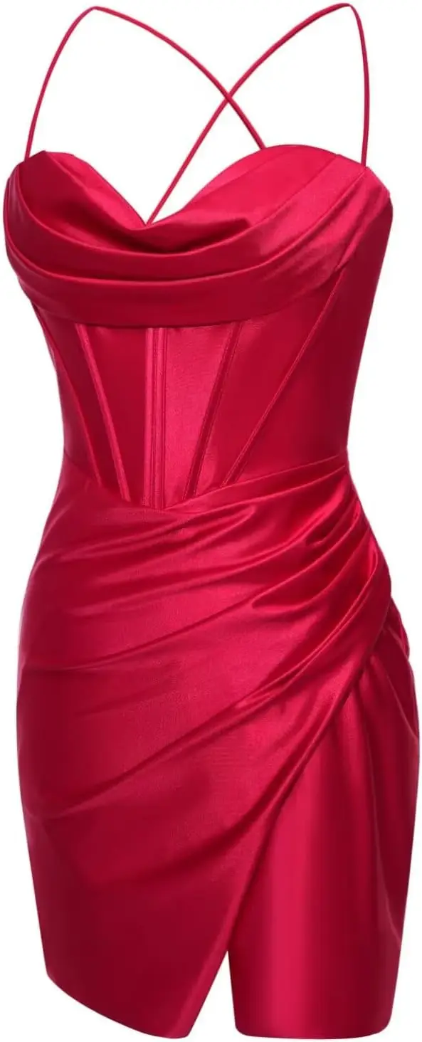 Tracolla sottile con schiena scoperta Abiti da homecoming in raso con scollo a cuore e abito da cocktail corto da ballo a sirena con spacco