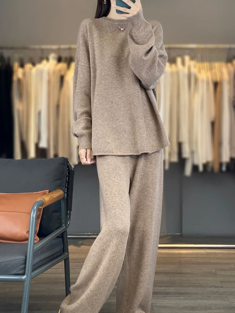 

Осенний свитер с керлингом, широкие брюки, костюм, женские брюки-свитер из чистого кашемира, высококачественные мягкие брюки из двух частей для отдыха.