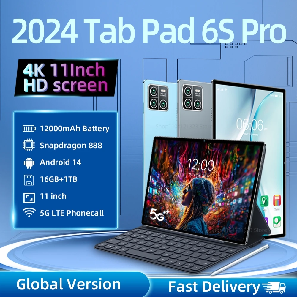 New 2024 Global Version Original HD 4K Pad 6S Pro Tablets PC Snapdragon 888 16GB+1024GB 12000mAh Android 14 11 inch 5G WIFI Mi