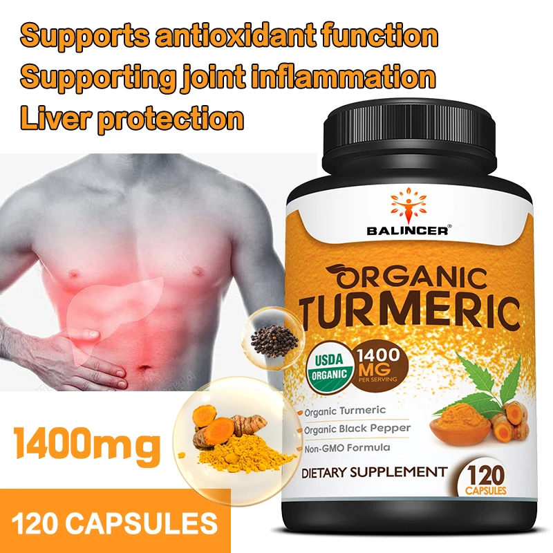 Curcumin and black pepper extract, enhance absorption, support joint and liver function, antioxidant and anti-inflammatory