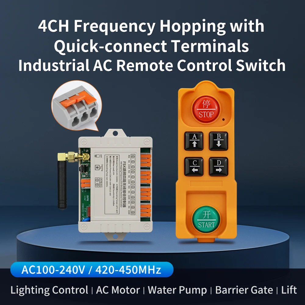 FSK 420~450MHz AC100-240V Quick-connect Terminal 4 CH RF Wireless Industrial Smart Remote Control Switch for Automated Equipment