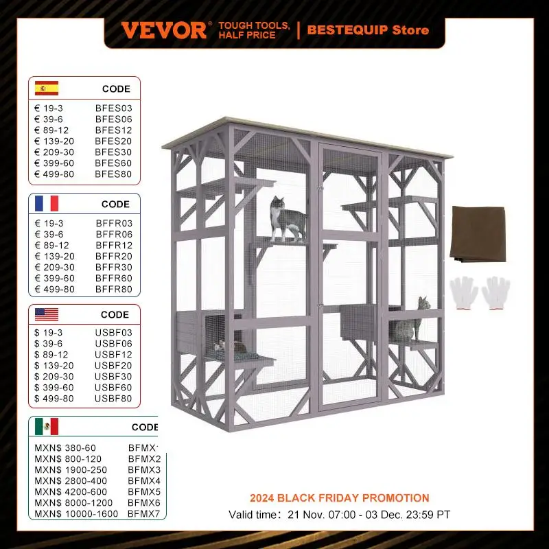 VEVOR Cat House Outdoor 7-Tier Large Catio Cat Enclosure with 5 Platforms 2 Resting Boxes & Large Front Door 71.2x34.6x66.5 in