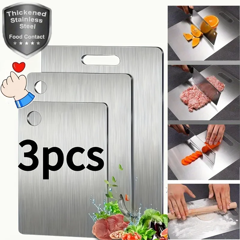 3-PC Thick Stainless Steel Cutting Boards | Heavy Duty Dishwasher Safe & Rustproof - Non-Slip for Meat Meal Prep & Commercial