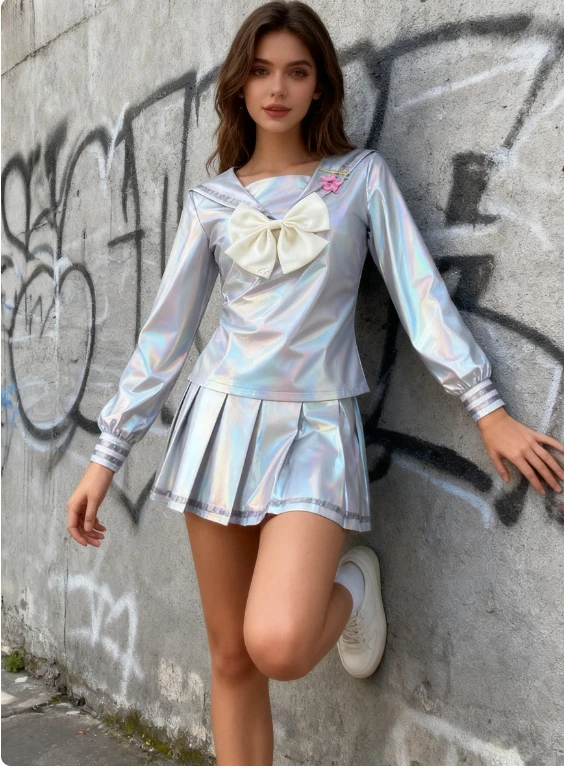 أزياء كانجيل جيم المحتاجة للفتيات ذات الجرعة الزائدة التأثيرية للفتيات في الحرم الجامعي اليومي JK زي جلد الليزر والشعر المستعار مجموعة كاملة من الزي الهزلي #5