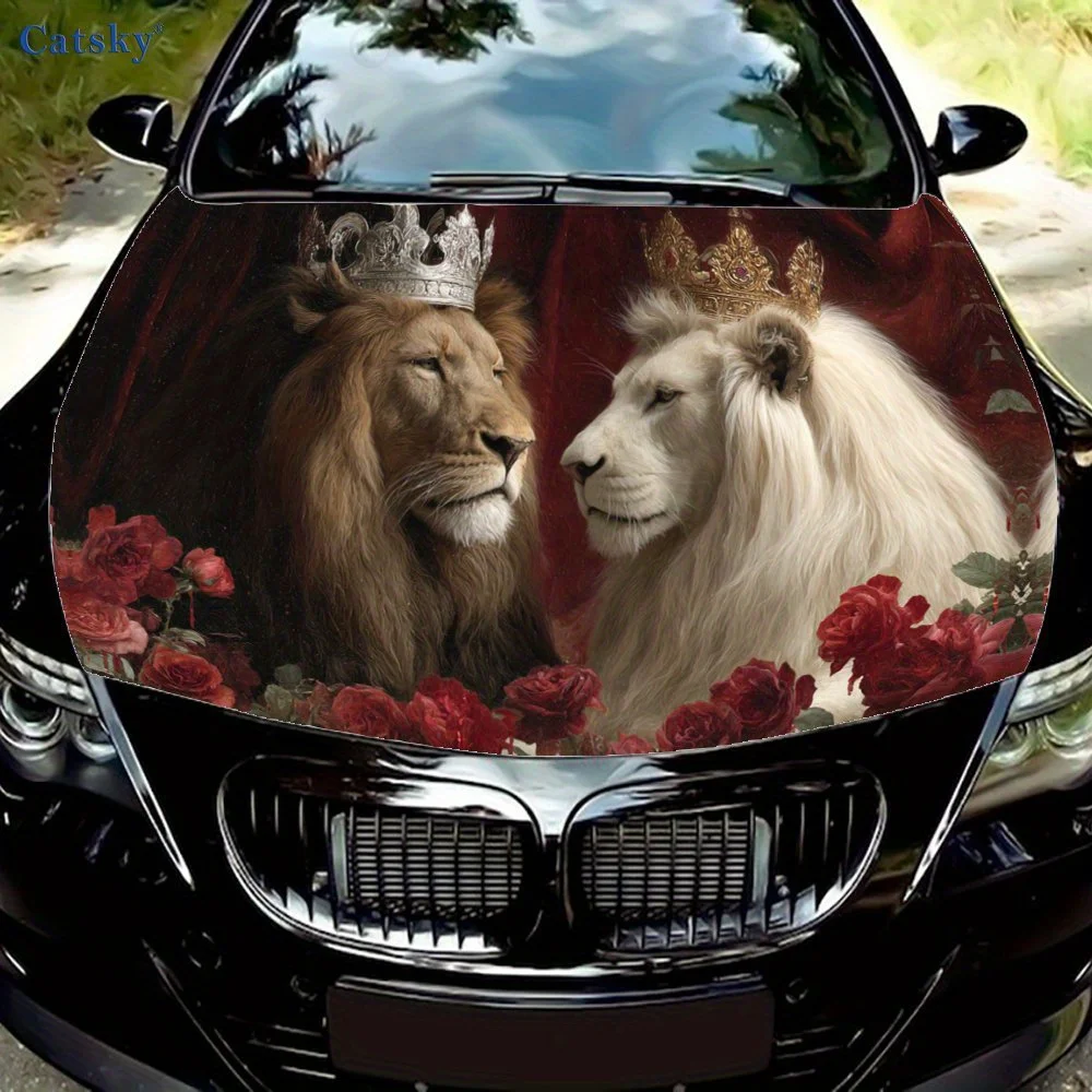 

Виниловая пленка для автомобиля Crowned Lions & Blooms, водонепроницаемая наклейка на капот автомобиля из ПВХ, самоклеящиеся устойчивые к царапинам наклейки для Engine Cove