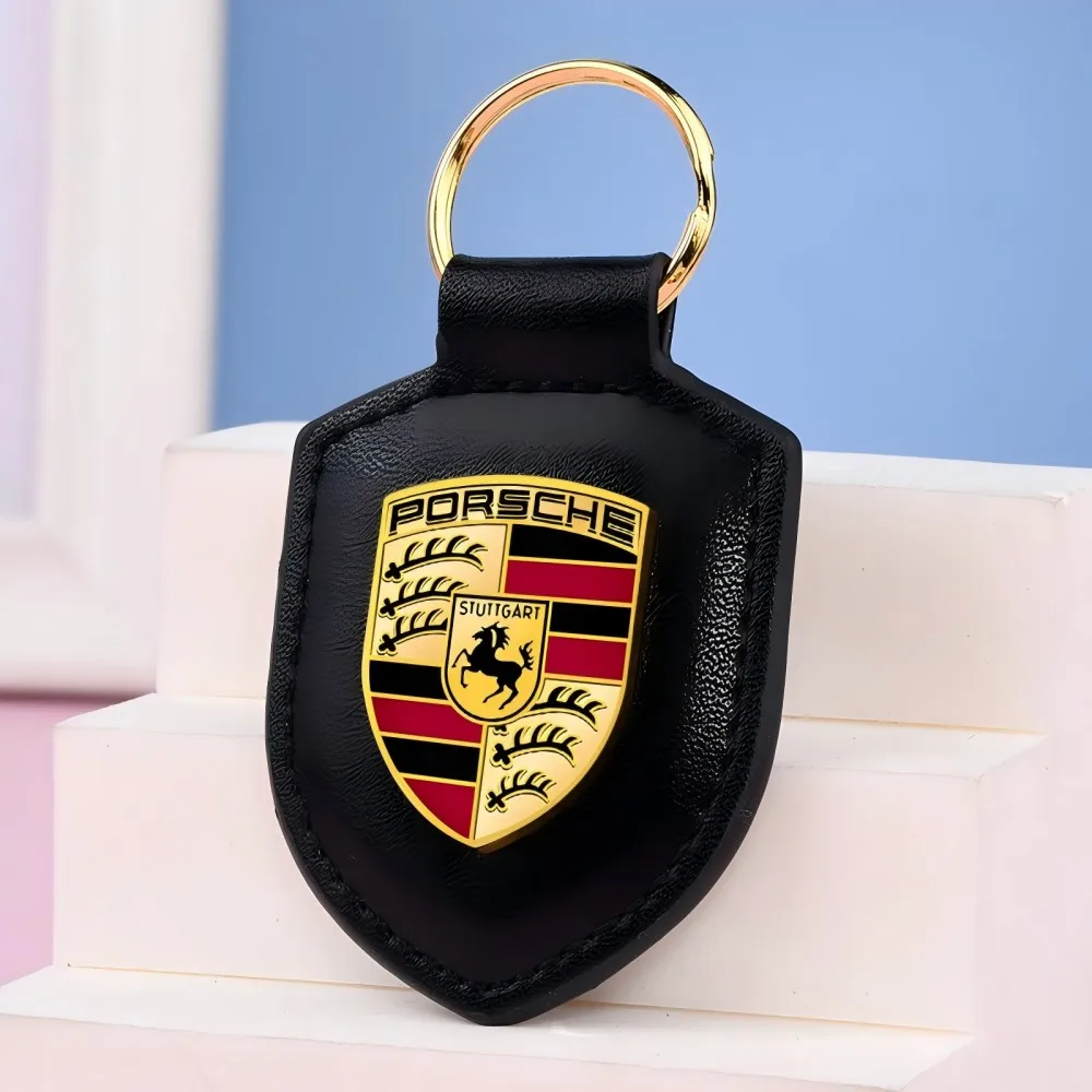 Leather Car Keychain Holder Shield Key Ring Chain Pendant Gifts For Porsche Macan 911 718 Taycan Panamera Cayenne Boxster Cayman