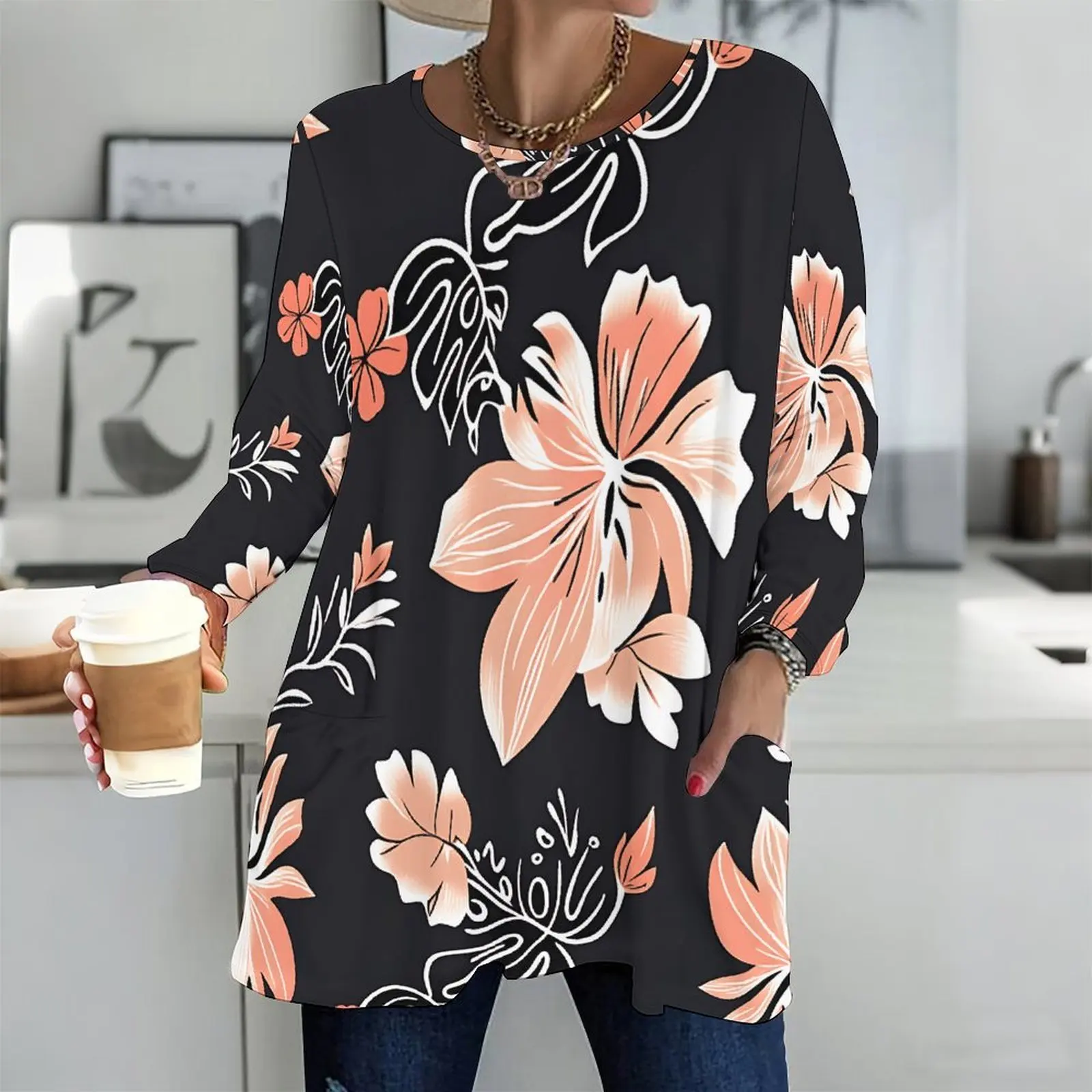 Printed Top for Women Round Neck Long Sleeve Front Pockets Loose Fit Longline