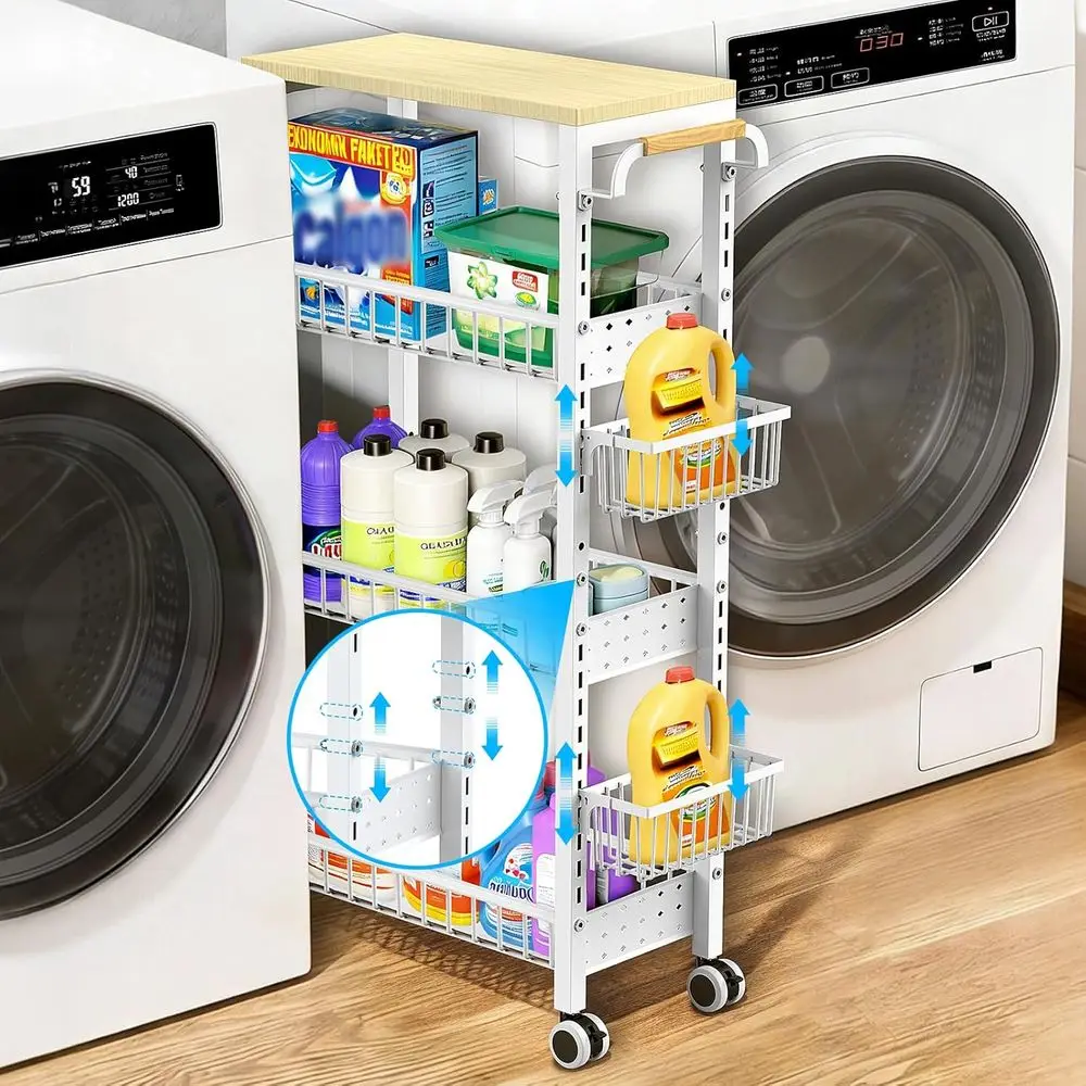 

7.8 Inch Ultra-Slim 4-Tier Rolling Storage Cart with Adjustable Shelves - Lockable Wheels & Wooden Top or Narrow Spaces Between