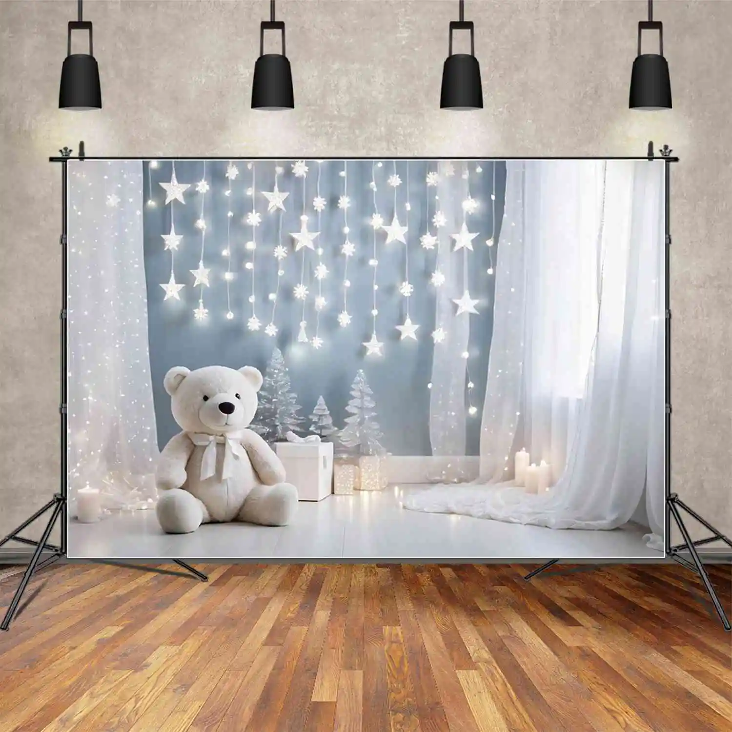 

MOON.QG Teddy Bear Curtain First Birthday Background Baby Shower Blue Balloon White Backdrop Customized Party Photography Props