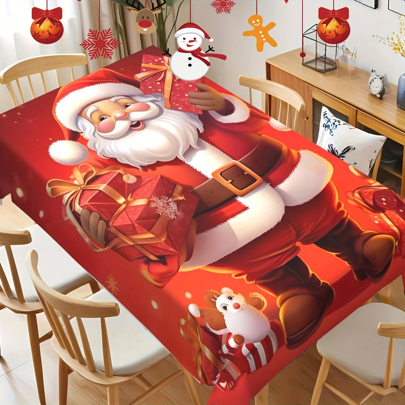 1 Cartoon Santa Gift Printed Tablecloth, Red Background, Christmas Themed Tablecloth
