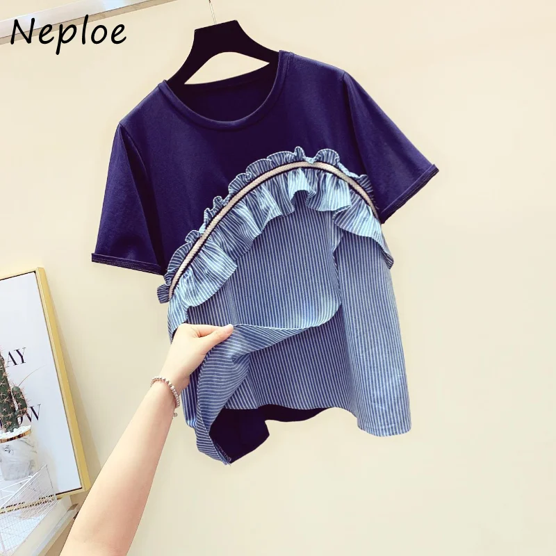 Neploe Ruffle Edge Striped Patchwork Tops 2024 Summer Women Elegant Retro Loose Fitting Student Versatile Half Sleeve T-Shirt