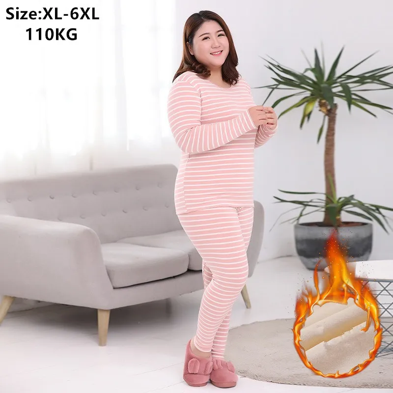 

Зимние толстые комплекты термобелья 110 кг 6XL размера плюс, женское флисовое нижнее белье из 2 предметов, топы, футболки, длинные кальсоны, женские трусы